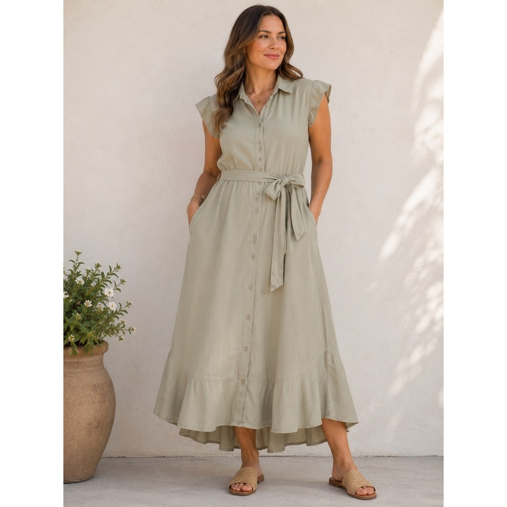 Velvet Heart Los Angeles NWT L Tencel Dress Sage Green Button Front Midi Dress